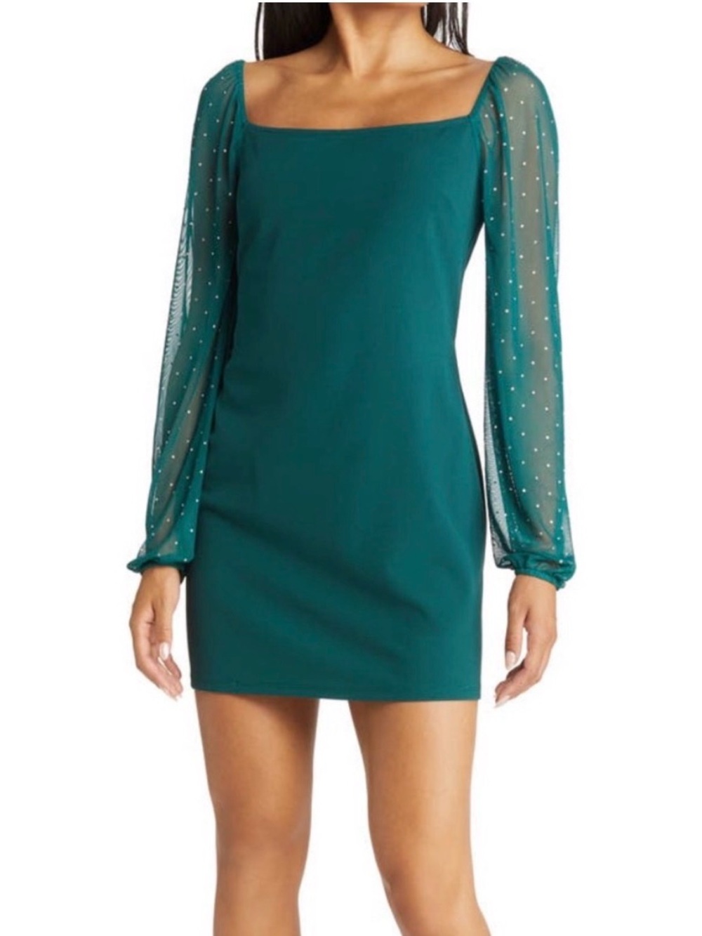 Dark Green Square-Neck Hoco Dress with Sheer Gemstone Sleeves